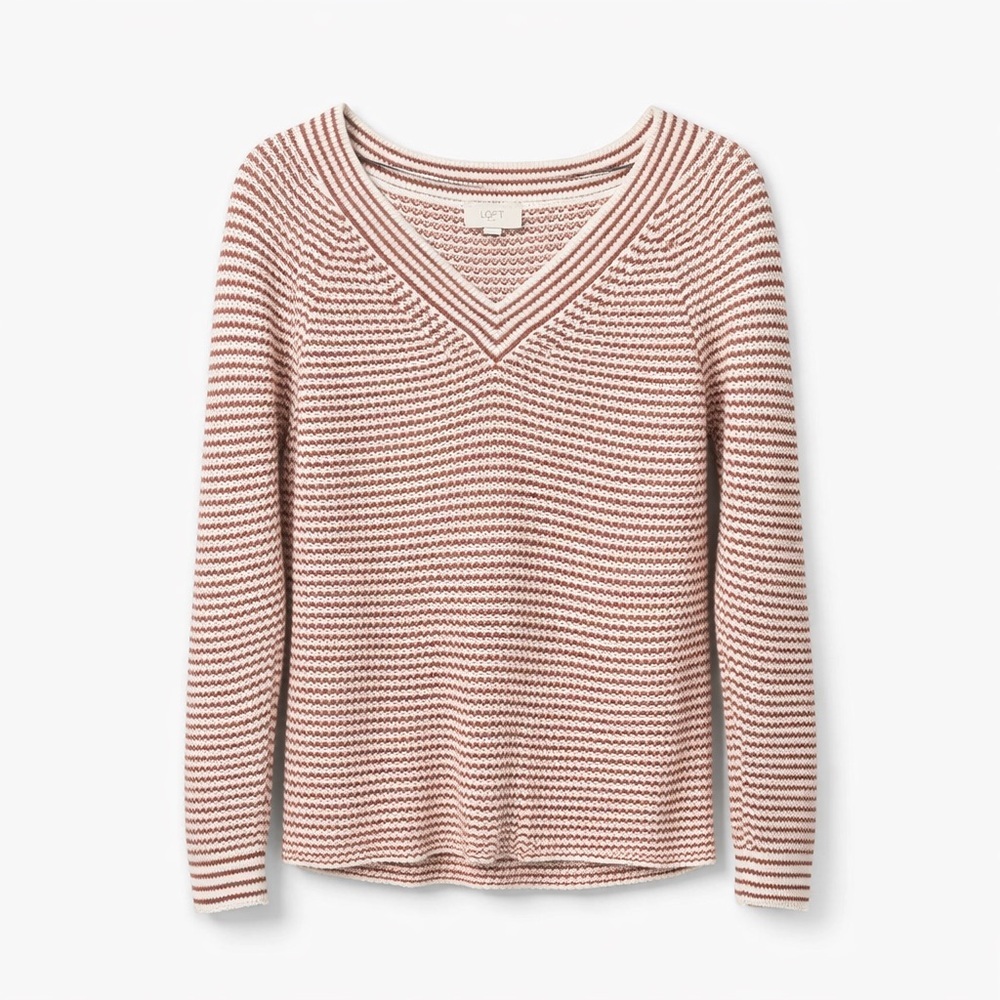 LOFT V-Neck 100% Cotton Knit Sweater w/ Burnt Orange and White Stripes